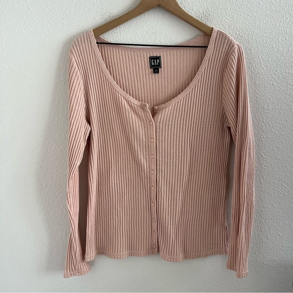 GAP Pink Ribbed Long Sleeve Button Front Knit Top Shirt Blouse XL - Picture 1 of 6